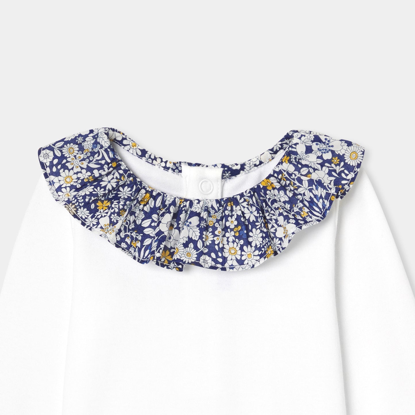 リバティプリントフリル付き長袖ボディスーツ