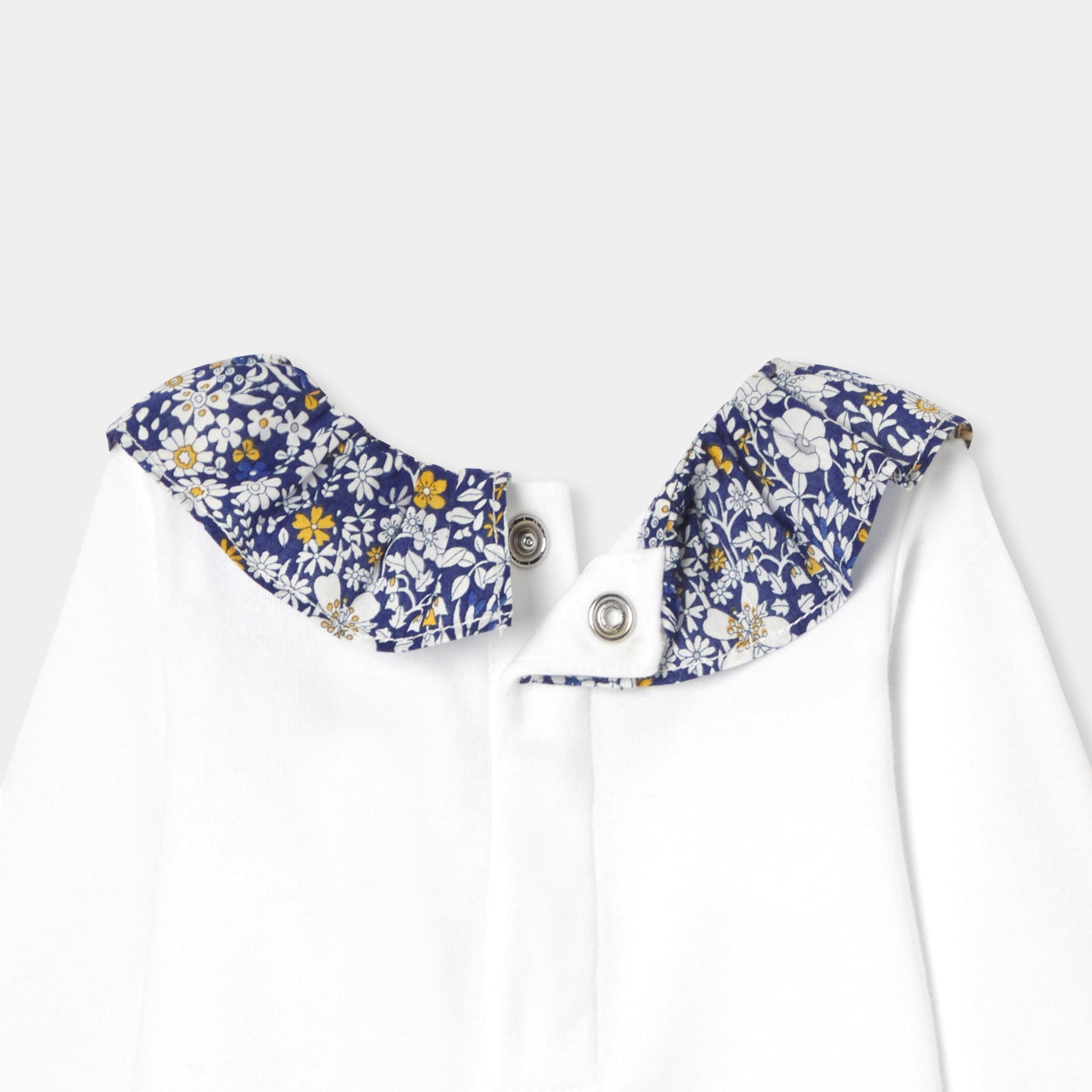 リバティプリントフリル付き長袖ボディスーツ