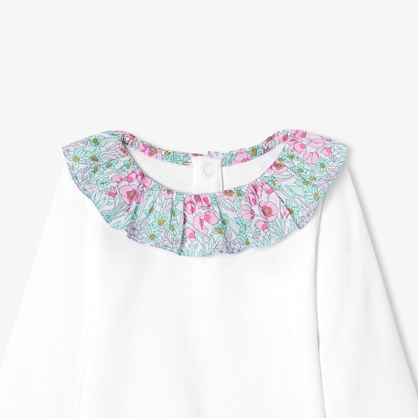 リバティプリントフリル付き長袖ボディスーツ