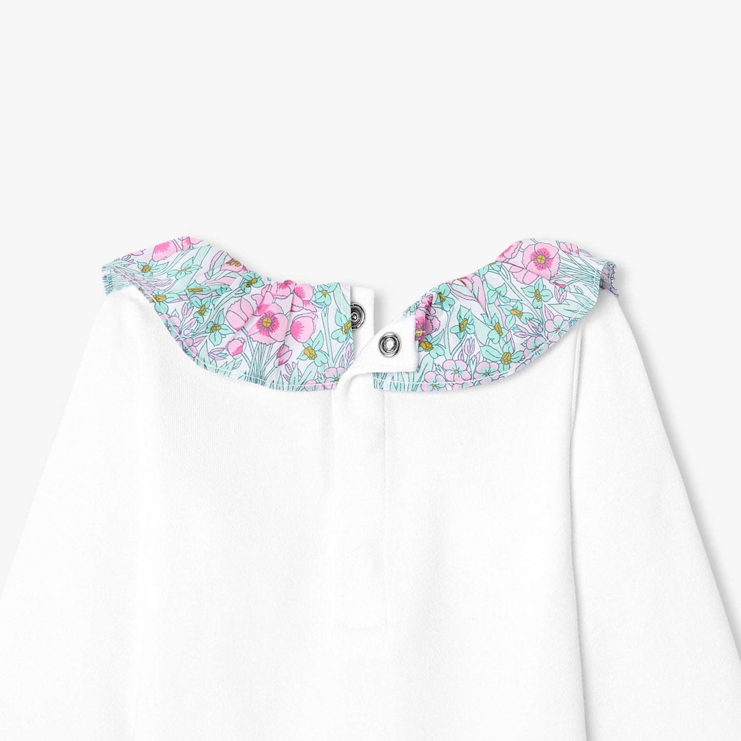 リバティプリントフリル付き長袖ボディスーツ