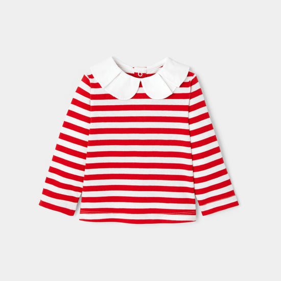 LAETI - ボックスプリーツ襟ストライプ長袖Tシャツ