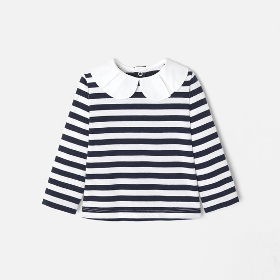 LAETI - ボックスプリーツ襟ストライプ長袖Tシャツ