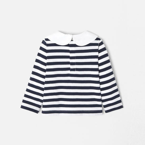 LAETI - ボックスプリーツ襟ストライプ長袖Tシャツ