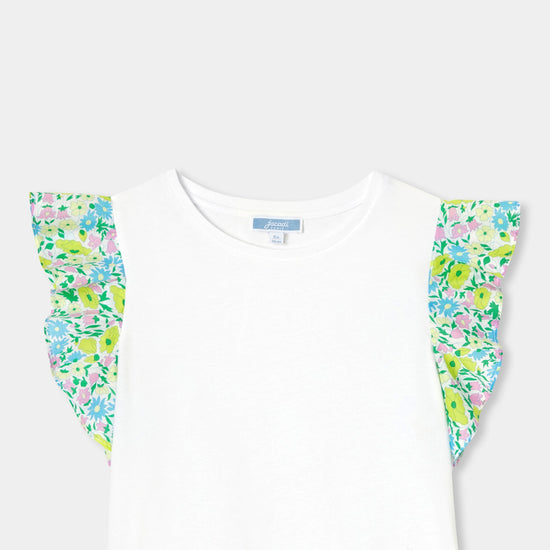 リバティプリントフリル付きコットンTシャツ
